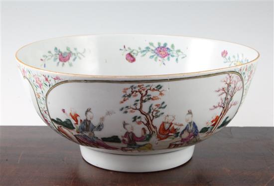 A Chinese famille rose European subject punch bowl, Qianlong period, diameter 31.5cm, hairline cracks